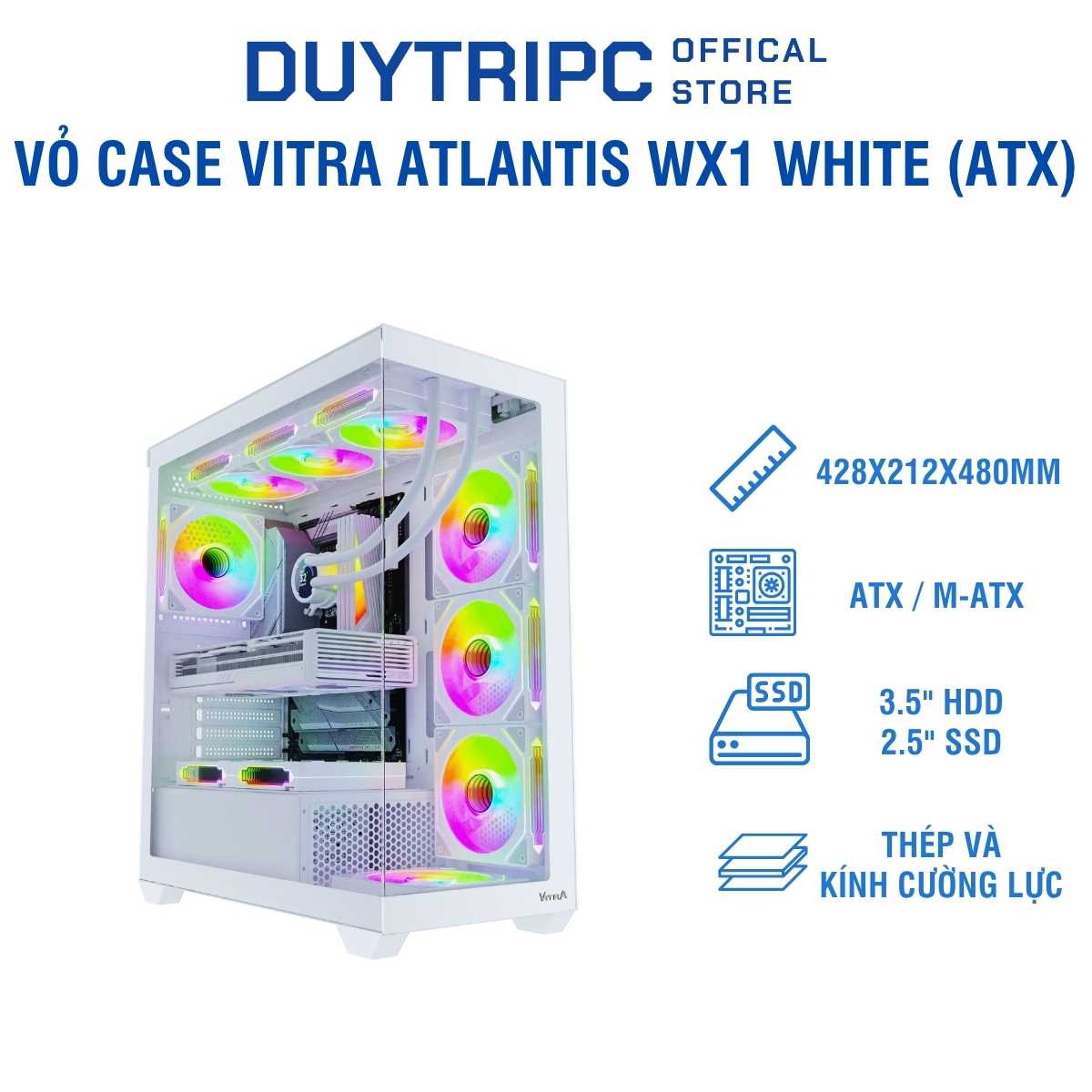 Vỏ Case VITRA Atlantis WX1 White (ATX) – Thiết Kế Full Trắng Cao Cấp, Kính Cường Lực, Tản Nhiệt Tối Ưu